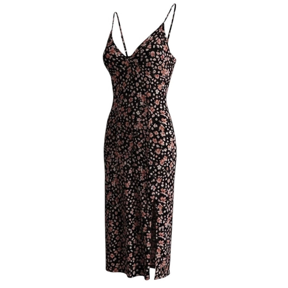 SHEIN Midi Slip Dress Womens Large Black Pink Floral V-Neck Slit Summer Boho